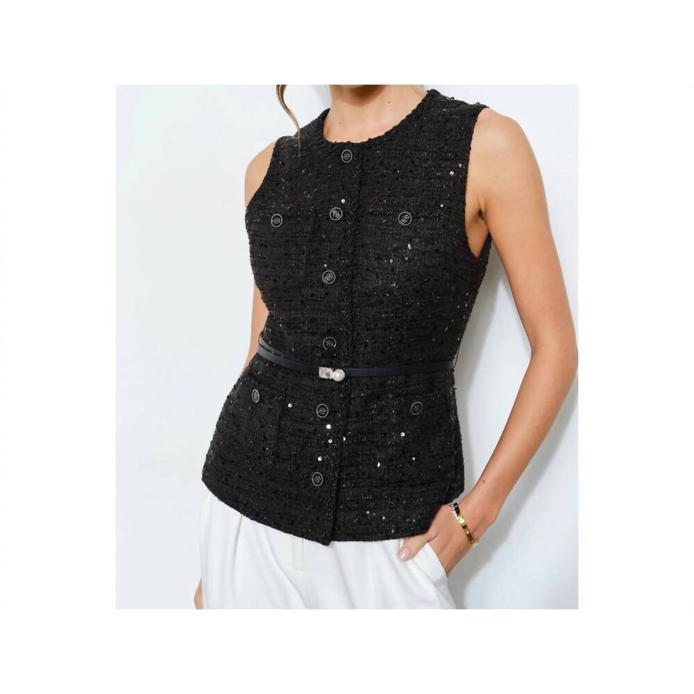 NEW INA FASHION belted sequin tweed sleeveless top in black